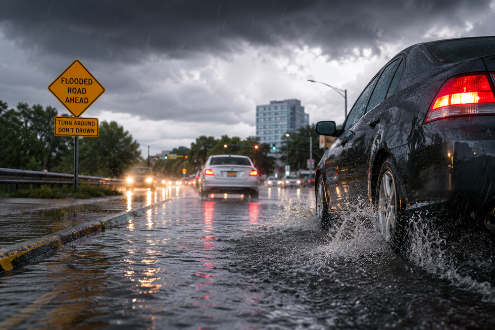 Flooded roadway in Bergen County, New Jersey during a Flood Watch illustrating dangerous driving conditions and increased risk of weather-related car accidents.