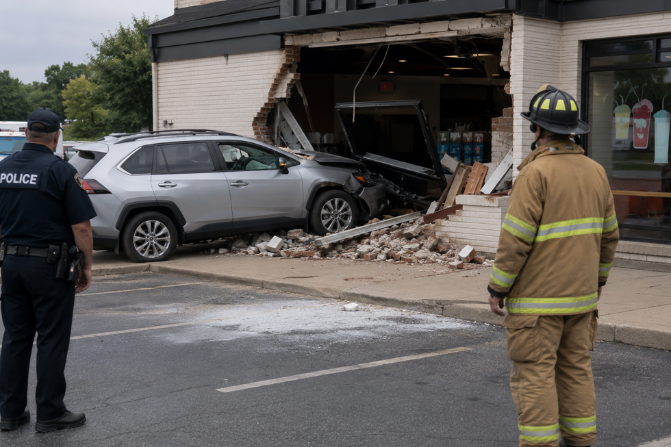 Vehicle crashed into a commercial building in South Brunswick, New Jersey, illustrating the risks of workplace accidents involving negligent drivers.
