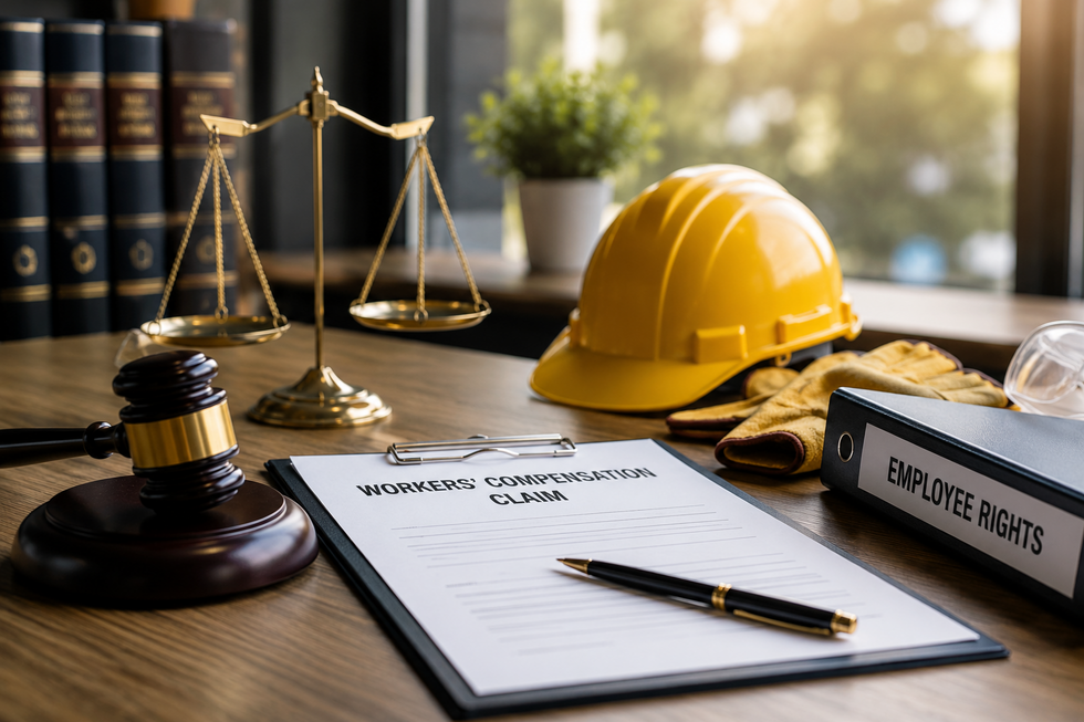 Workplace safety equipment and legal documents representing workers' compensation claims and workplace injury rights in New Jersey.