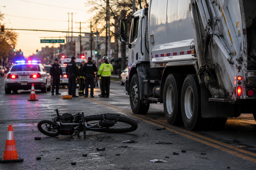 Emergency responders investigating a commercial garbage truck accident involving an e-bike on Bergen Turnpike in Union City, New Jersey.