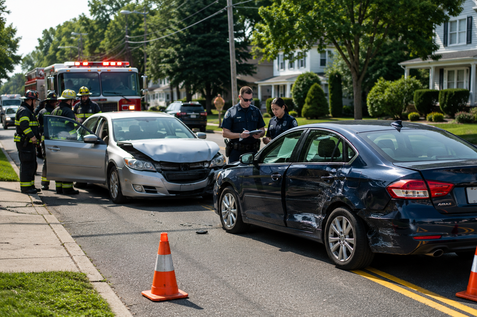 Police officers and emergency responders assisting drivers after a car accident on a suburban New Jersey roadway.