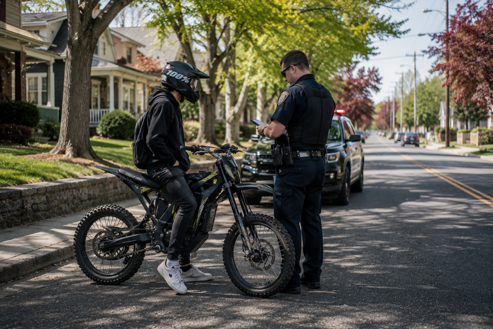 Bergen County police officer speaking with a rider on a high-powered electric dirt bike during a traffic stop on a suburban New Jersey street.