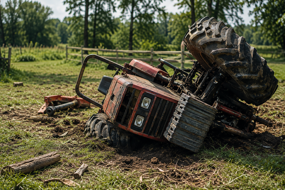 Overturned tractor on private property following a serious heavy equipment accident in New Jersey.
