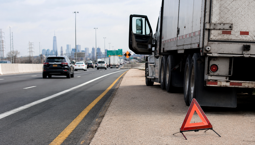 Disabled tractor-trailer on the shoulder of the New Jersey Turnpike, illustrating NJ truck accident and commercial vehicle safety issues.