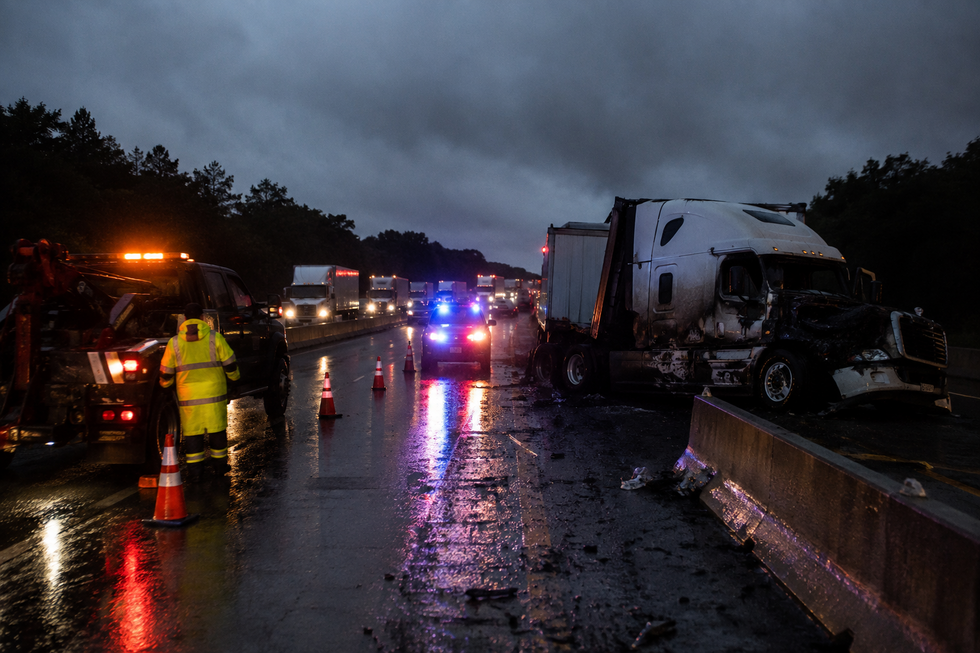 Tractor-trailer crash on a rain-soaked New Jersey highway illustrating commercial truck accident and loss-of-control risks.