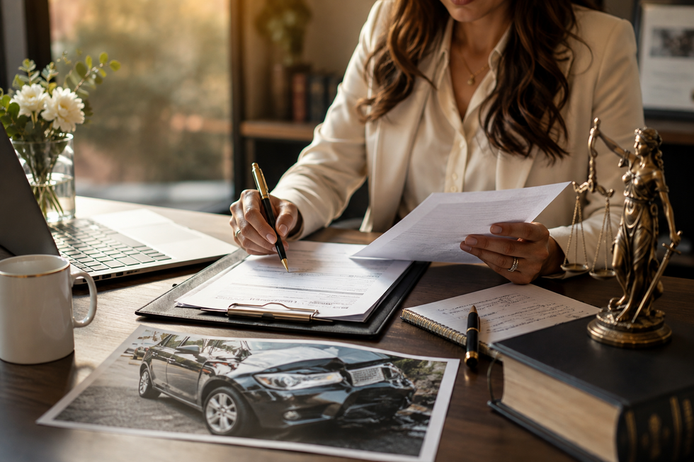 New Jersey car accident lawyer reviewing evidence and documents related to a car accident settlement claim  Image title: