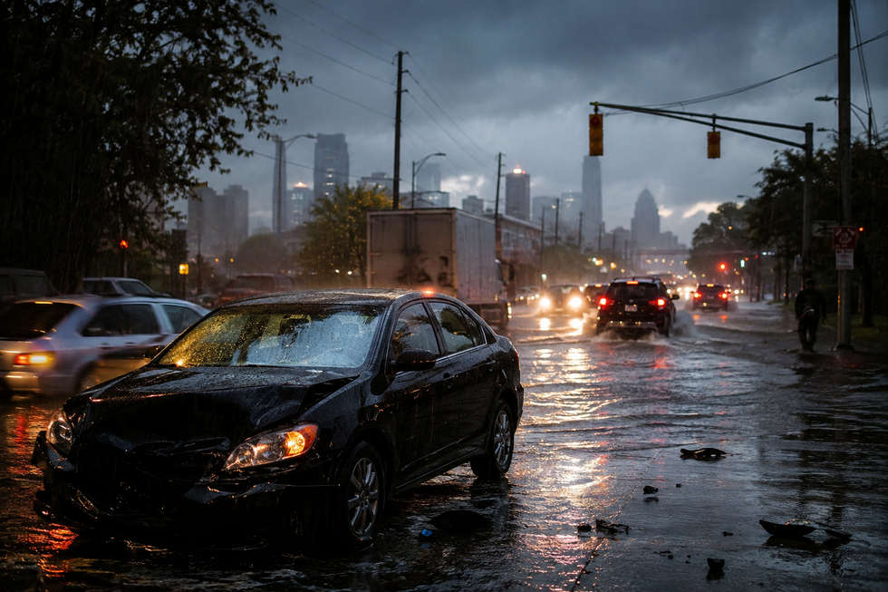 Car accident on a rain-soaked New Jersey road during severe weather and flooding
