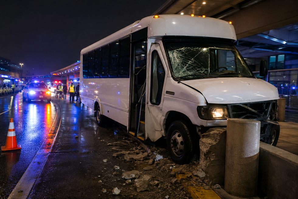 Newark NJ airport shuttle bus accident with emergency responders at an airport terminal
