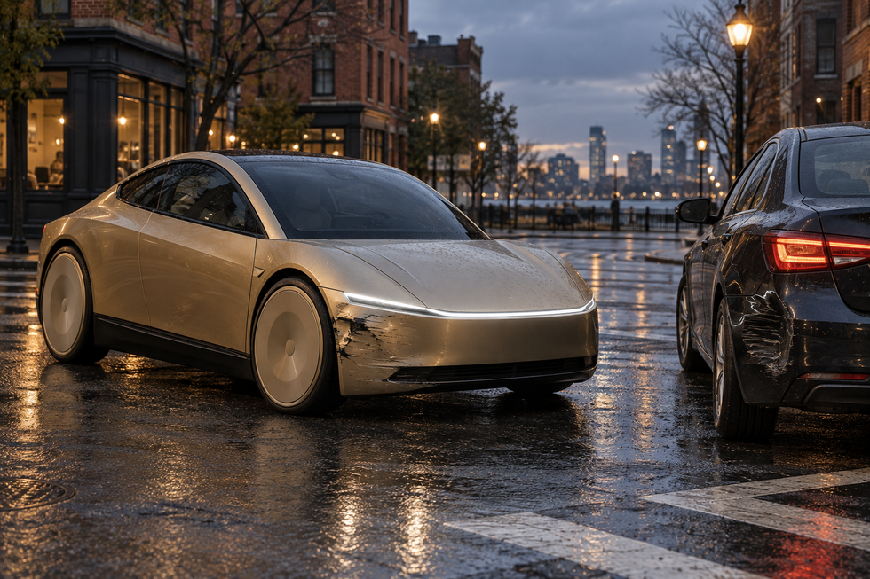 Illustration of a gold Tesla Cybercab with front-corner damage beside a damaged sedan on a wet city street