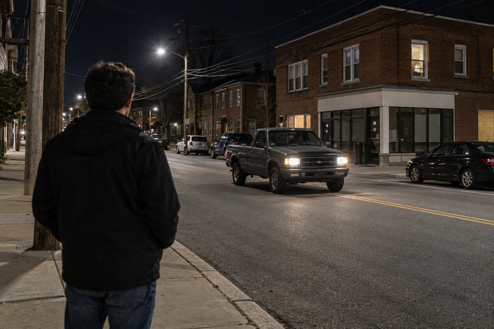 Illustration of a pedestrian on a sidewalk beside a pickup truck traveling along an urban New Jersey-style street at night.