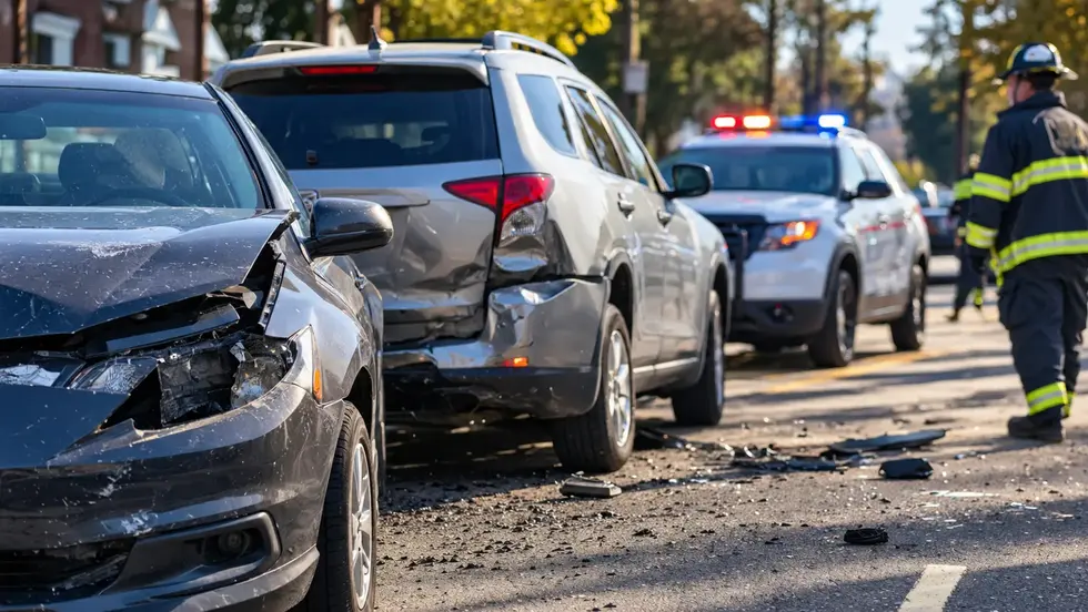 AI-generated illustration of a multi-vehicle car accident with damaged vehicles and emergency responders, accompanying a Linden, NJ crash report.