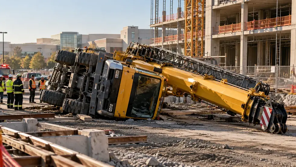 AI-generated illustration of an overturned mobile crane at a construction site in Paramus, New Jersey.