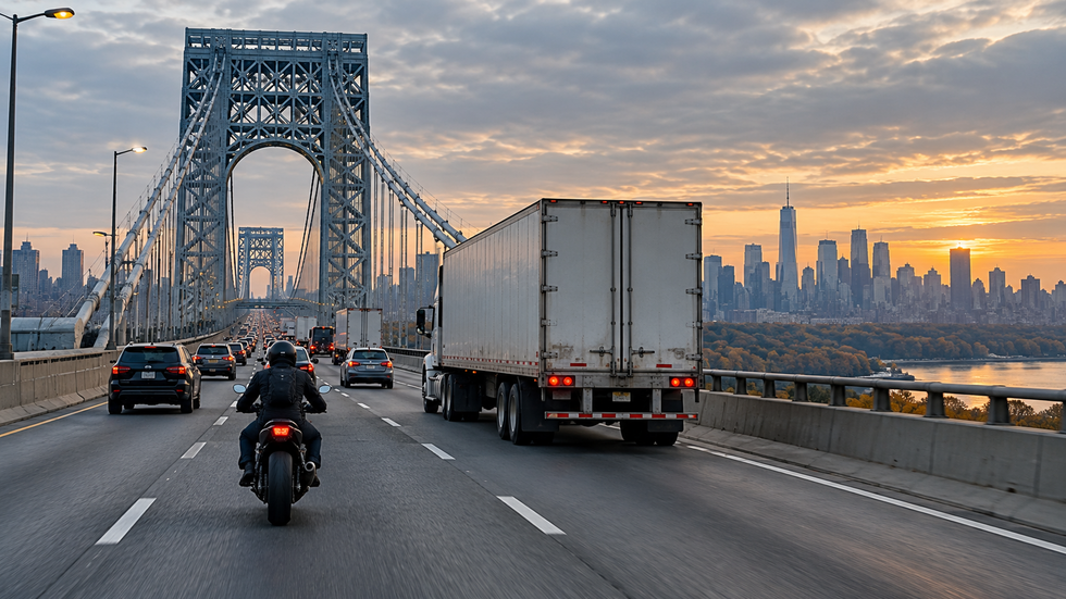 Motorcycle and tractor-trailer traffic on the George Washington Bridge near Fort Lee, New Jersey.