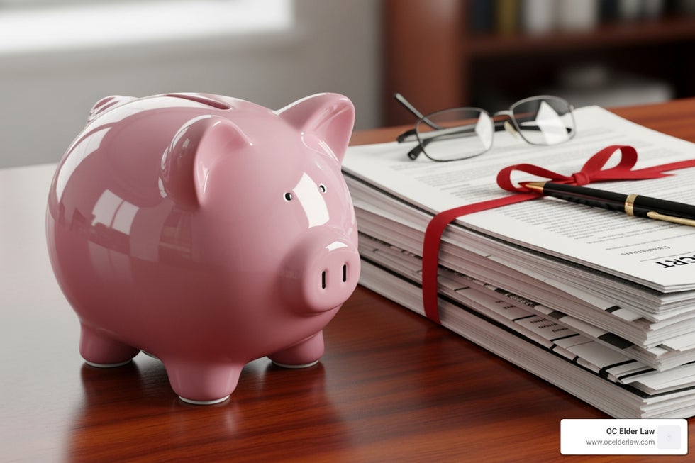 piggy bank next to legal documents - average cost of a will and trust