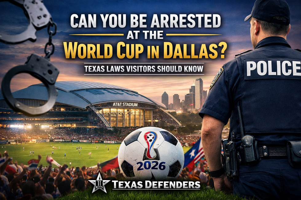 Can you be arrested at the World Cup in Dallas – police officer overlooking AT&T Stadium during the 2026 FIFA World Cup with Texas Defenders criminal defense guidance.