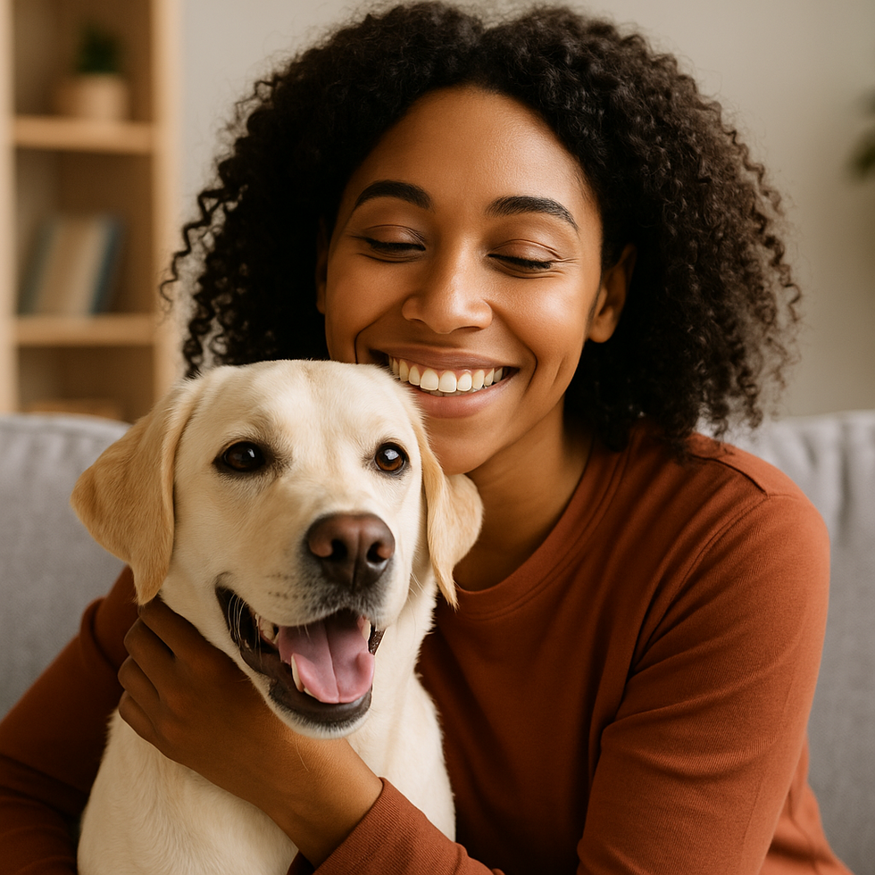 smiling woman hugging her happy Labrador Retriever in a cozy living room
