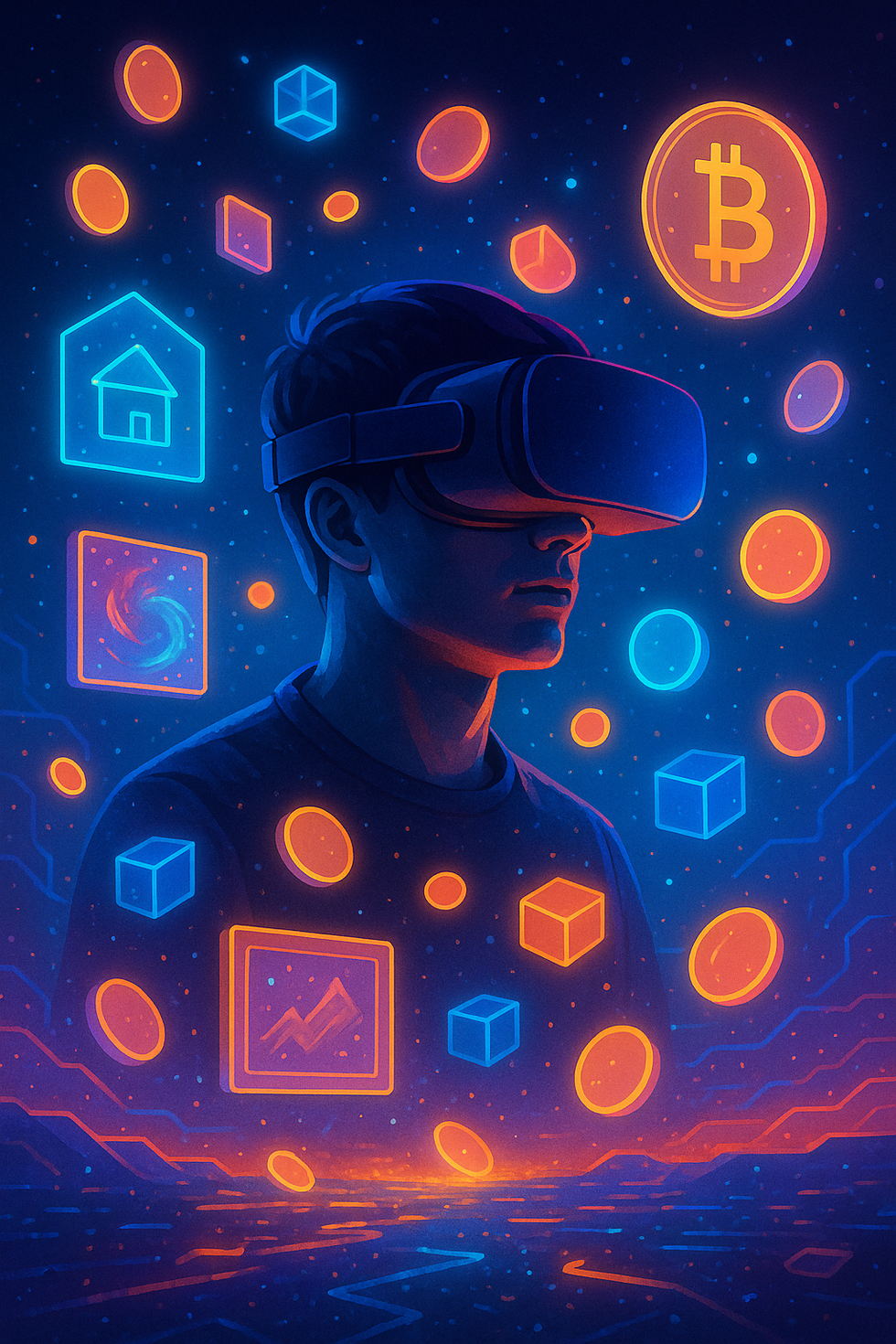 Person wearing VR headset surrounded by glowing digital assets in a virtual landscape