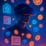 Person wearing VR headset surrounded by glowing digital assets in a virtual landscape