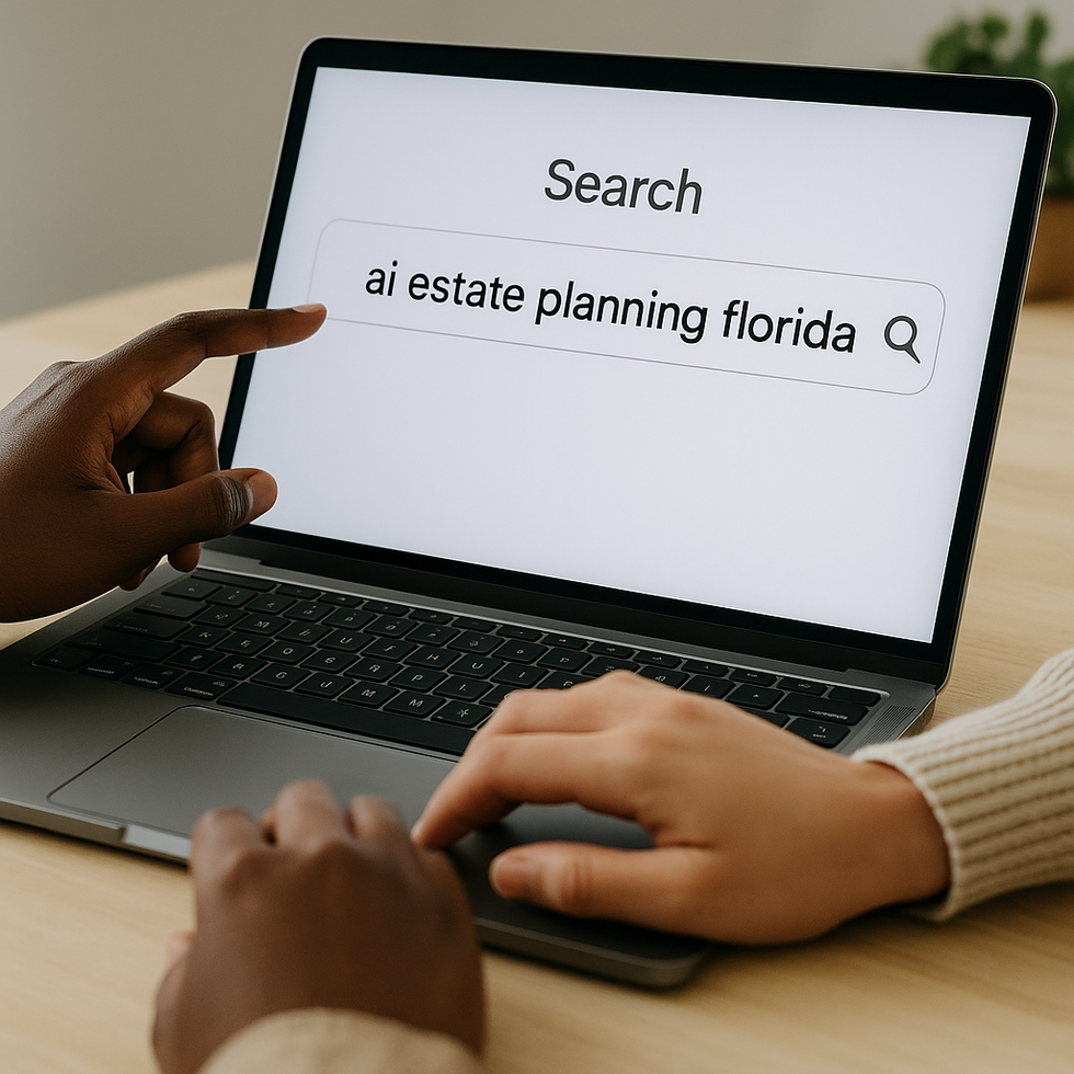 Hands of two people using a laptop with a search bar displaying the query "AI estate planning Florida" on the screen