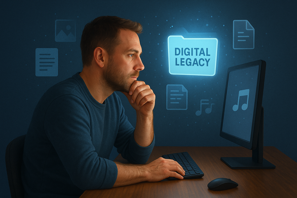 Person at computer desk with digital files and icons floating around, representing AI-created content and digital legacy planning.