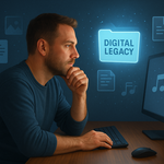 Person at computer desk with digital files and icons floating around, representing AI-created content and digital legacy planning.