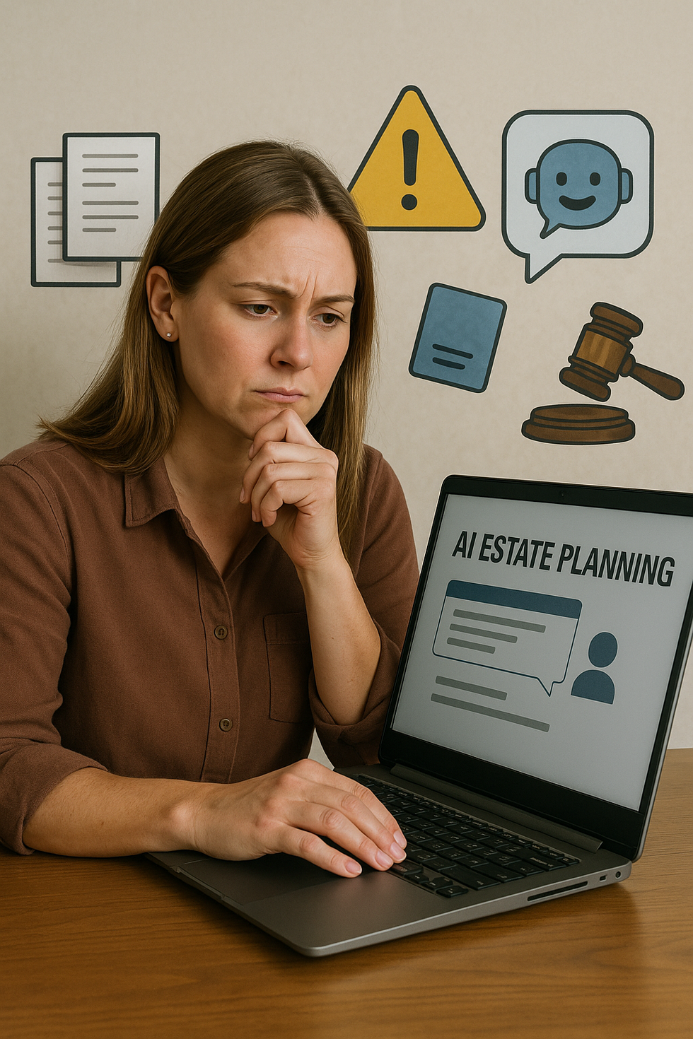 Realistic person at laptop surrounded by estate documents, AI chatbot, and legal warning icons, symbolizing concerns about AI estate planning accuracy.