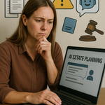 Realistic person at laptop surrounded by estate documents, AI chatbot, and legal warning icons, symbolizing concerns about AI estate planning accuracy.