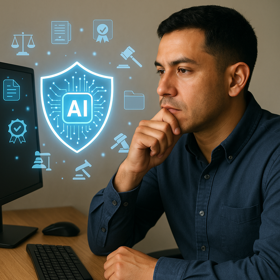 Hispanic man at a desk looking at a computer with floating digital icons and a glowing AI shield, representing estate fraud prevention technology.
