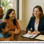 Diverse family meeting with estate planning attorney in Miami Lakes, Florida, for probate avoidance and legacy planning