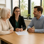 Attorney meeting with elderly client and adult child in Miami Lakes to review revocable and irrevocable trust options