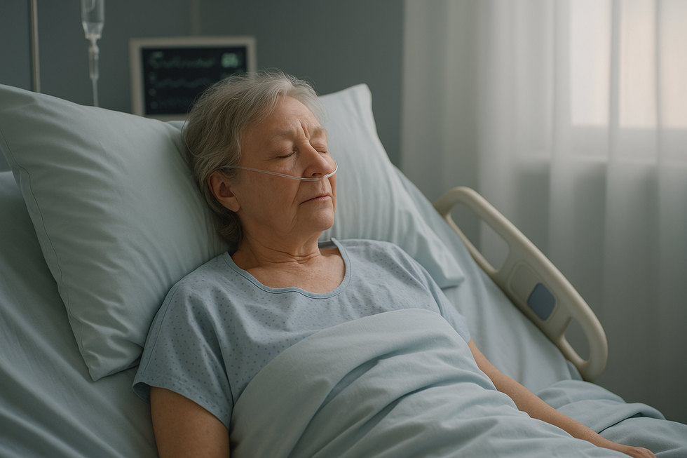 Elderly woman resting peacefully in a hospital bed with oxygen support, surrounded by soft lighting in a calm medical setting.