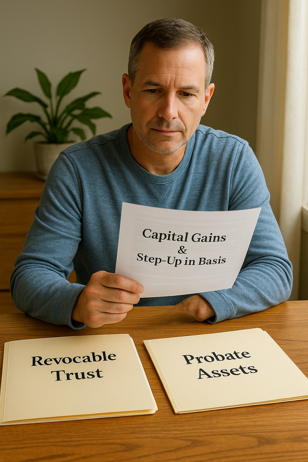 Florida man reviewing trust and capital gains tax documents as part of his estate planning strategy