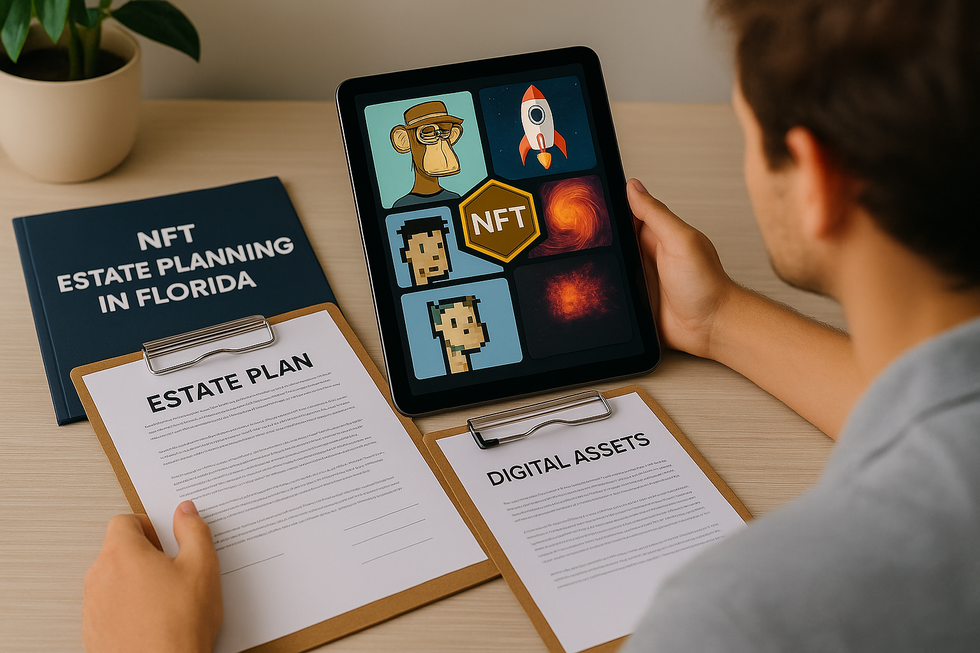 Florida resident holding a tablet showing NFTs while reviewing estate planning documents