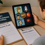 Florida resident holding a tablet showing NFTs while reviewing estate planning documents