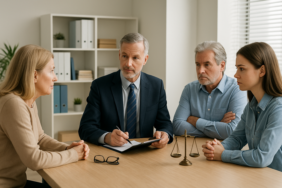 Estate mediation meeting with mediator and family members around a table.