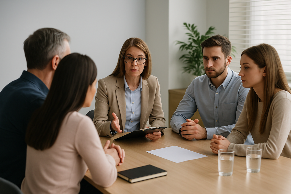 Blended family members meeting with a mediator to discuss estate planning solutions.