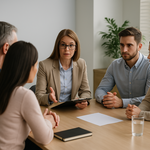 Blended family members meeting with a mediator to discuss estate planning solutions.