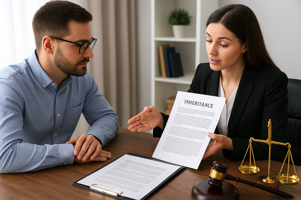 Florida probate attorney reviewing inheritance documents with client in office setting.