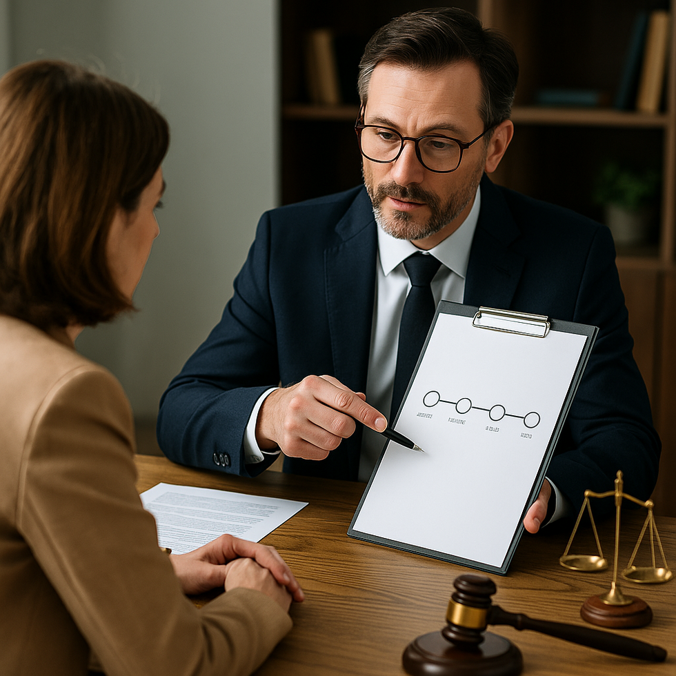 Florida probate attorney showing probate timeline to client in office with legal papers, gavel, and scales of justice.
