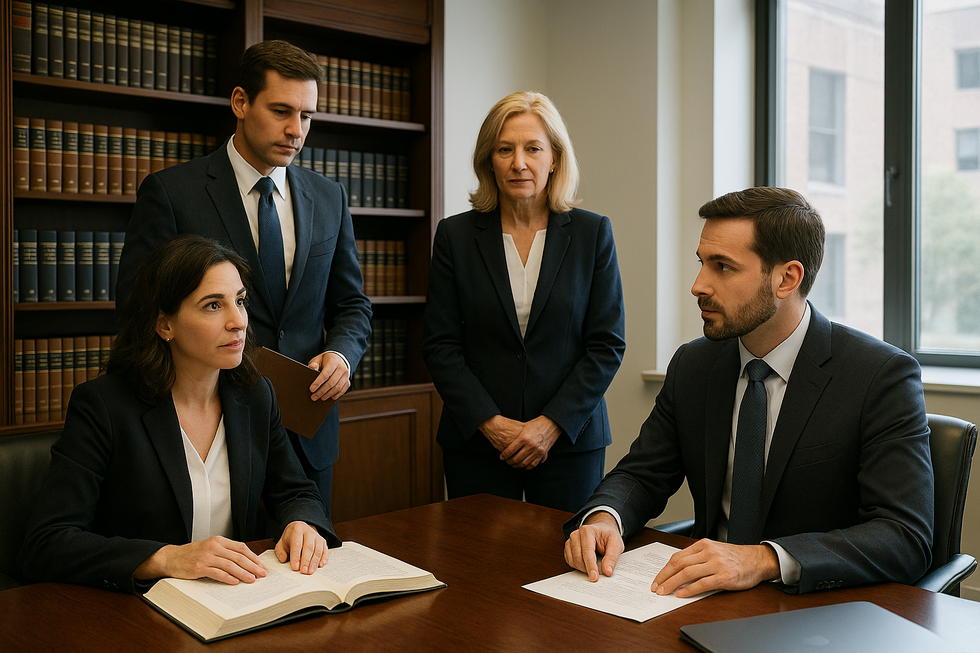 Four attorneys in suits working together at a law office desk with legal books and documents.