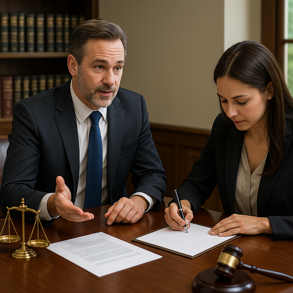 Attorney and client in a Florida law office reviewing and signing small estate paperwork with gavel and scales of justice on desk.