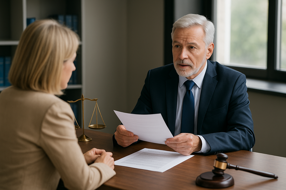 Attorney meeting with client in Florida office, reviewing documents about trusts and probate avoidance with scales of justice and gavel on desk.