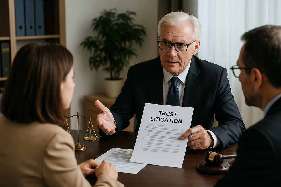 Attorney meeting with clients in an office, holding a trust litigation document with gavel and scales of justice on desk.
