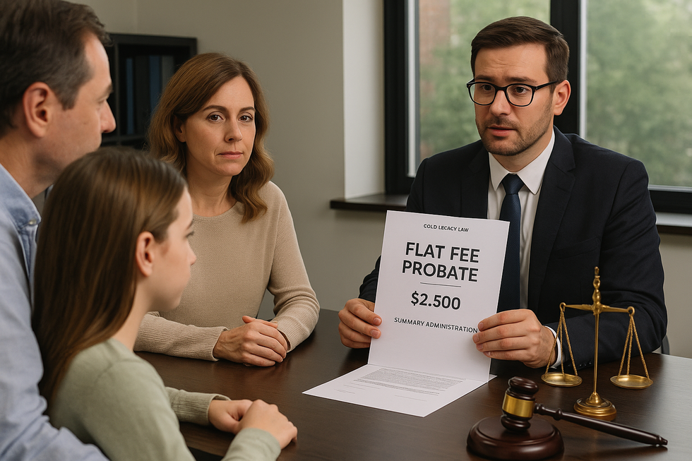 Family meeting with a Gold Legacy Law probate attorney about flat fee probate at $2,500 for summary administration, with legal papers, gavel, and scales of justice on desk.