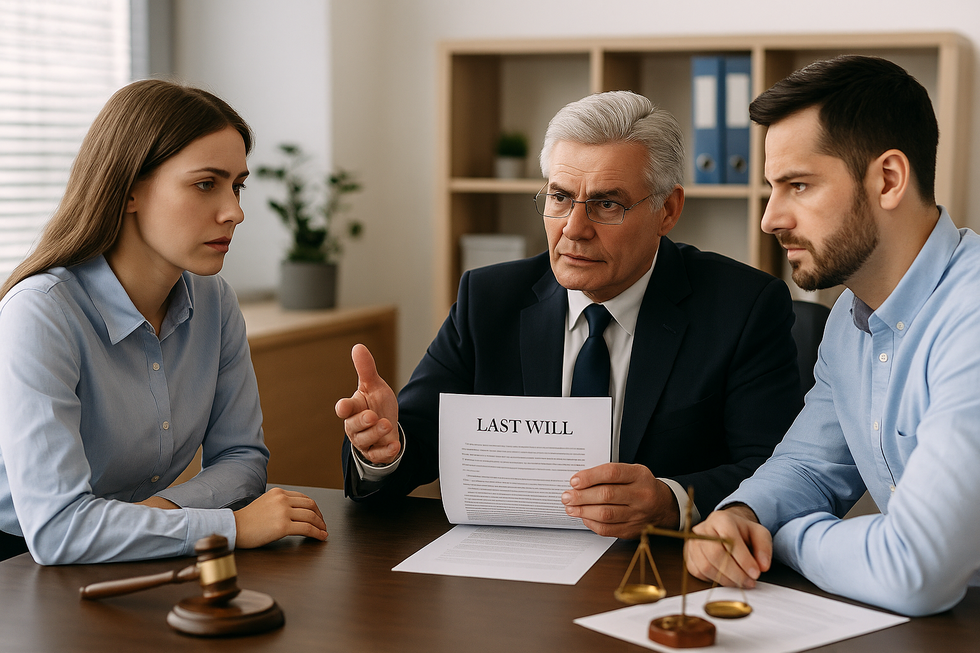 Attorney in Florida law office holding a last will document while discussing contesting a will with concerned family members, with gavel and scales of justice on desk.