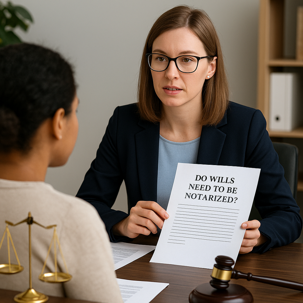 Estate planning attorney in Miramar meeting with client, holding a document titled “Do Wills Need to Be Notarized?” with gavel and scales of justice on desk.