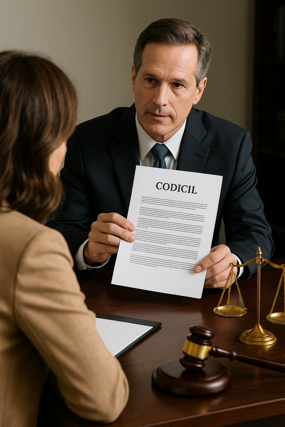 Attorney in Weston holding a document labeled “Codicil” while consulting with a client, with gavel and scales of justice on desk.