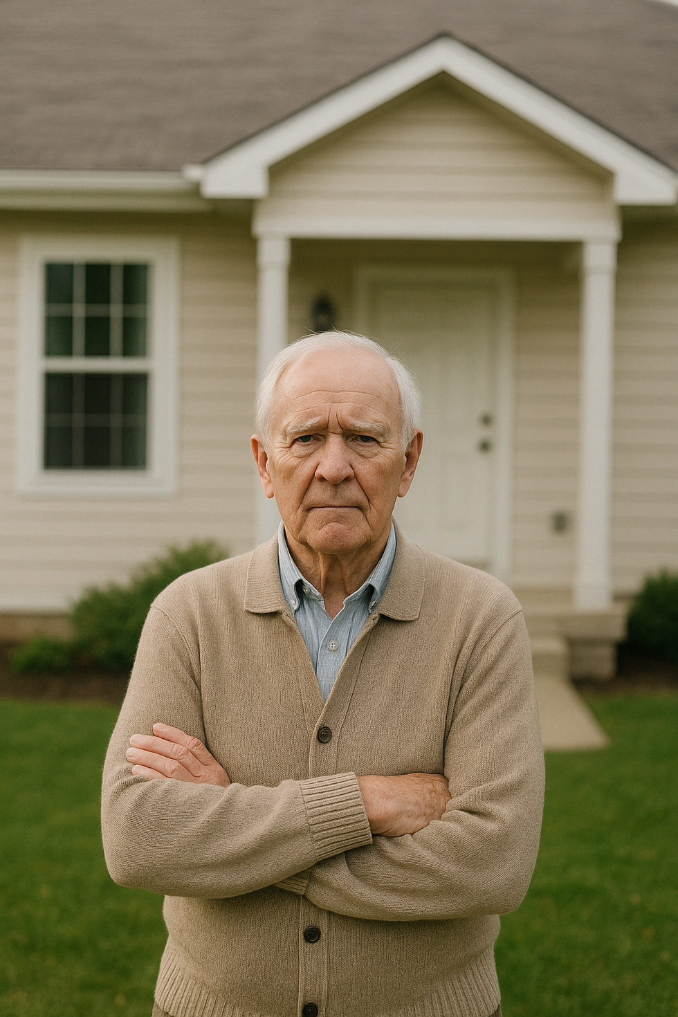 Older man standing in front of his house with thoughtful expression, representing questions about whether Medicaid can take your house in Florida.