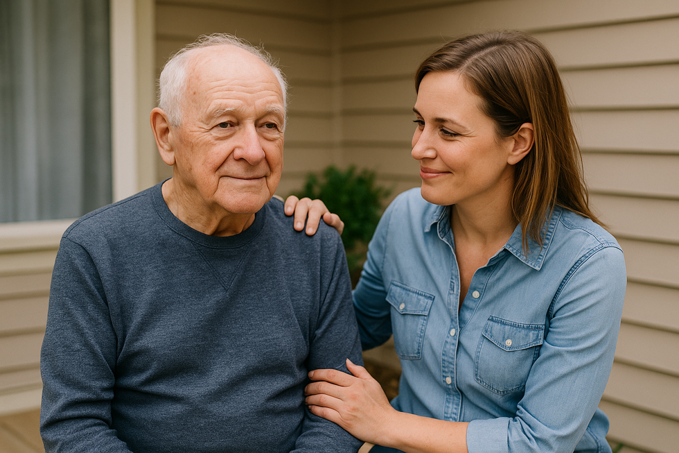 Older man sitting in front of his home being comforted by his adult daughter, representing Medicaid planning and family caregiving in Florida.
