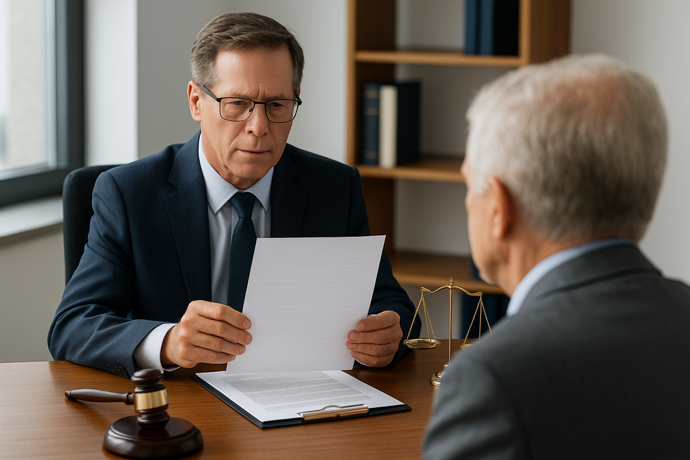 Attorney in Florida office consulting with a client, holding a blank document with gavel and scales of justice on desk.